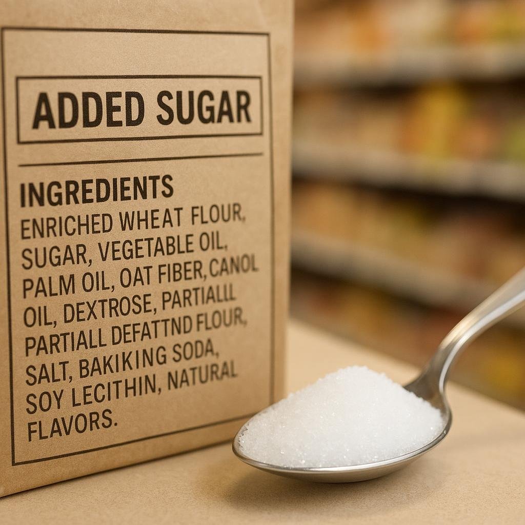 Packaged food label showing added sugar Packaged food label showing added sugar
