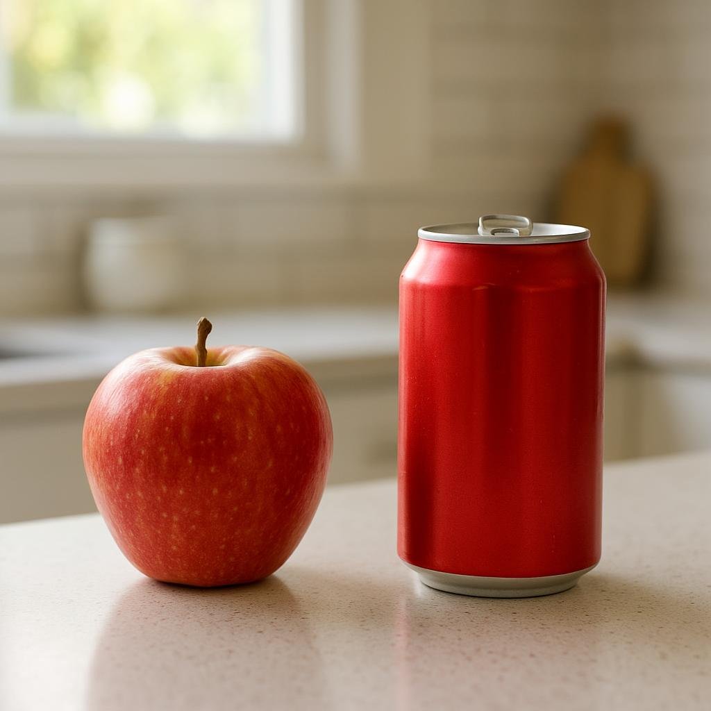 Apple beside a soda can on a kitchen counter