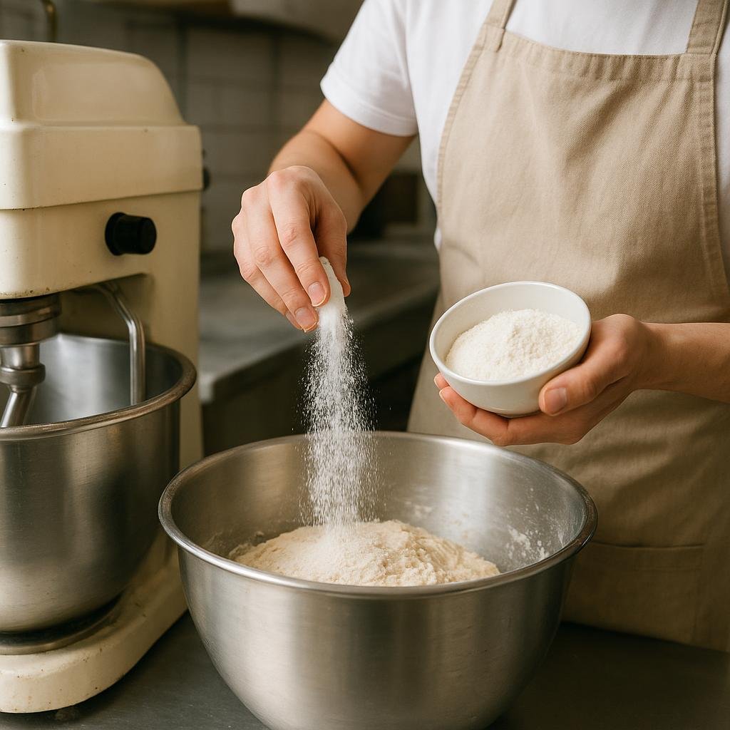 Baker adding potassium bromate to flour Baker adding potassium bromate to flour