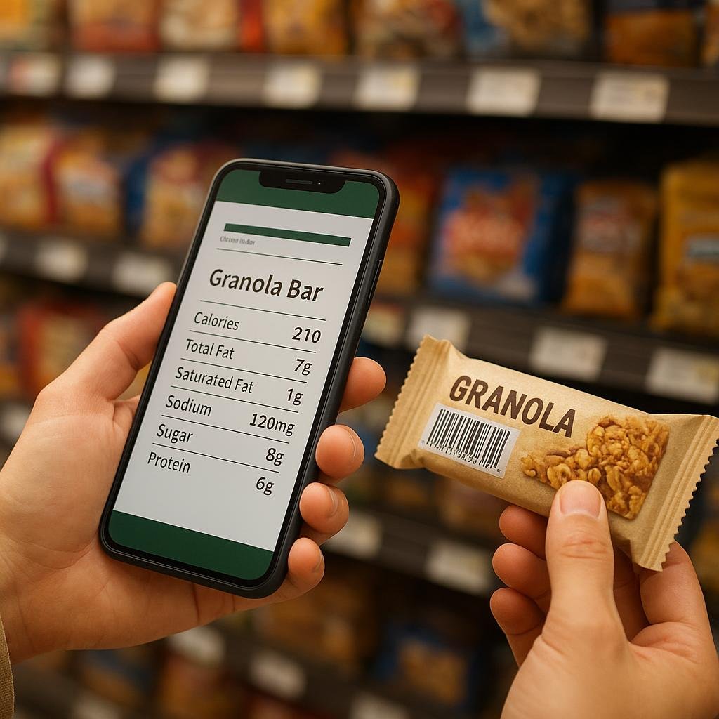 Scanning packaged snacks with a nutrition app Scanning packaged snacks with a nutrition app