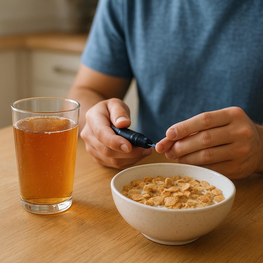Blood sugar check beside sugary breakfast Blood sugar check beside sugary breakfast