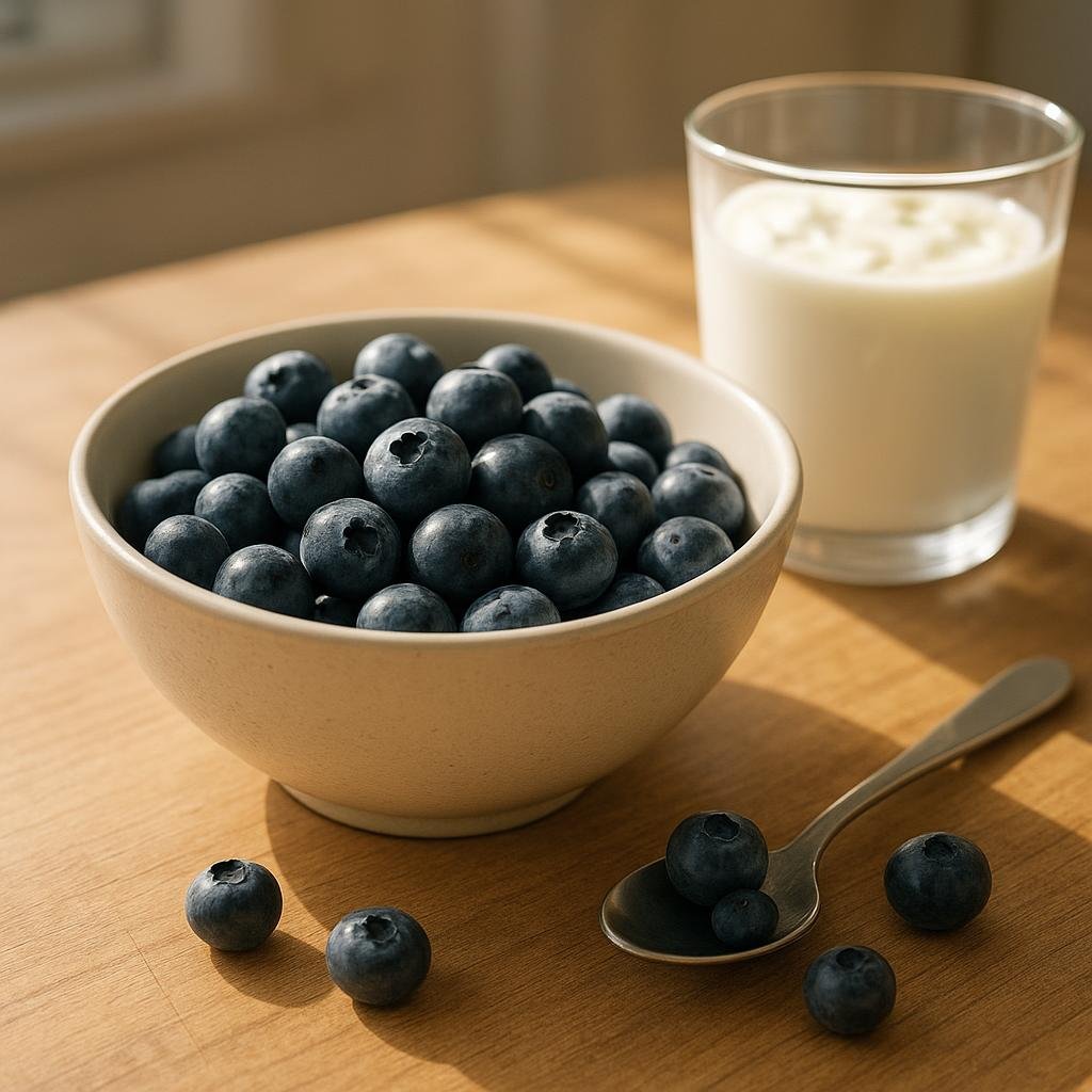 Fresh blueberries in a bowl on a kitchen table Fresh blueberries in a bowl on a kitchen table