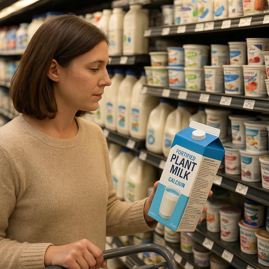 Shopping for calcium-rich foods in a grocery aisle