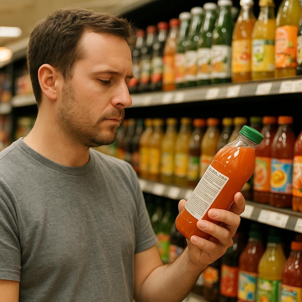 Shopper checking a beverage label for BVO Shopper checking a beverage label for BVO