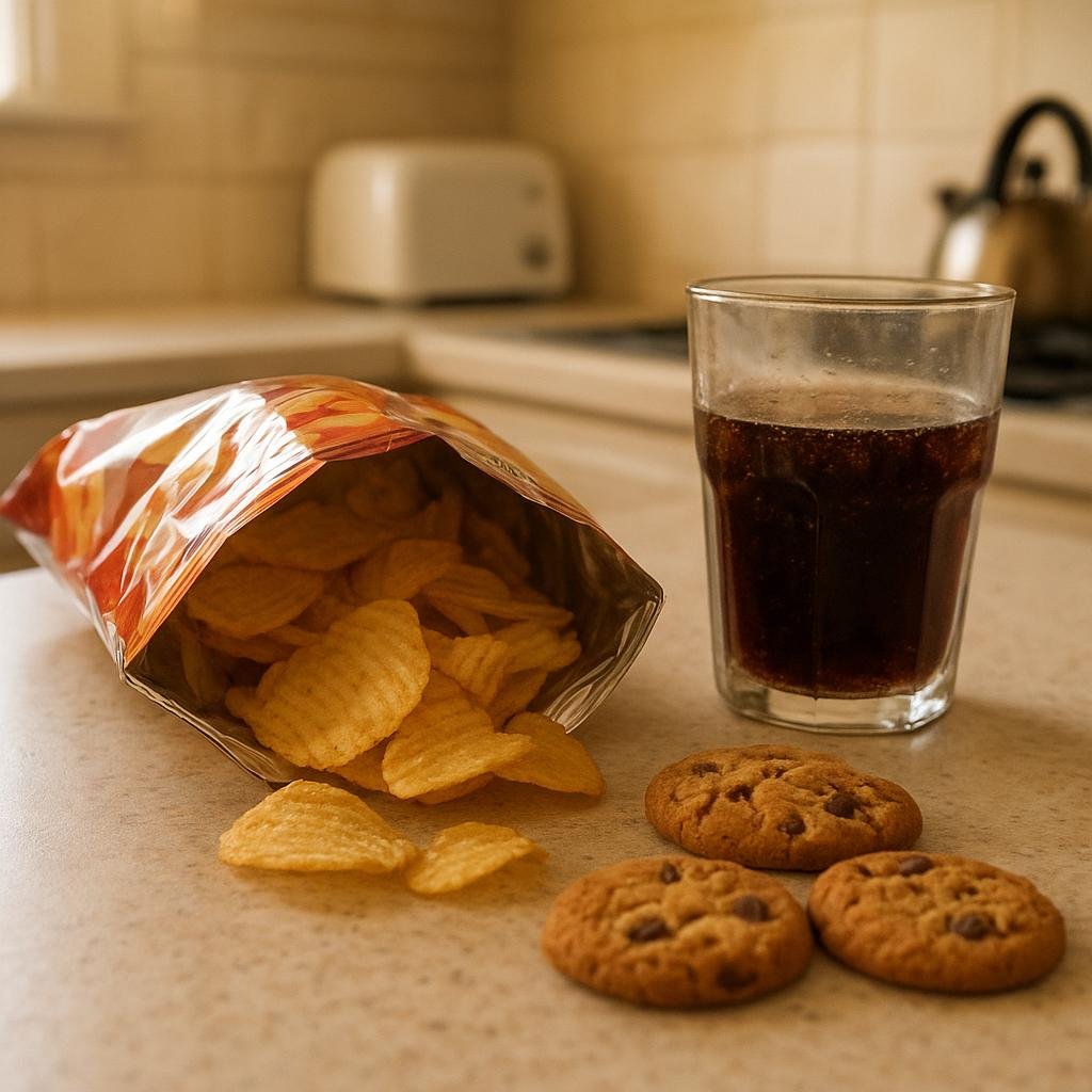 Open chips bag and soda on kitchen counter Open chips bag and soda on kitchen counter