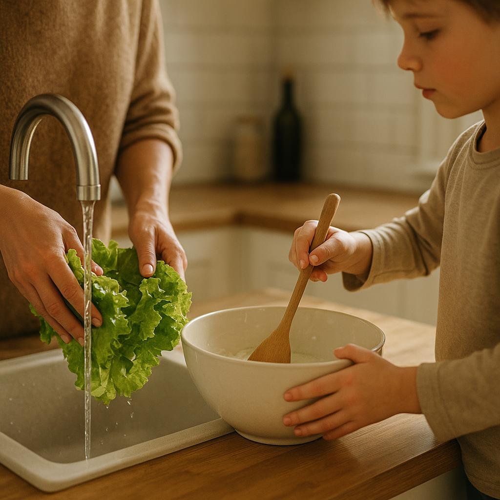 Parent and child cooking together in the kitchen