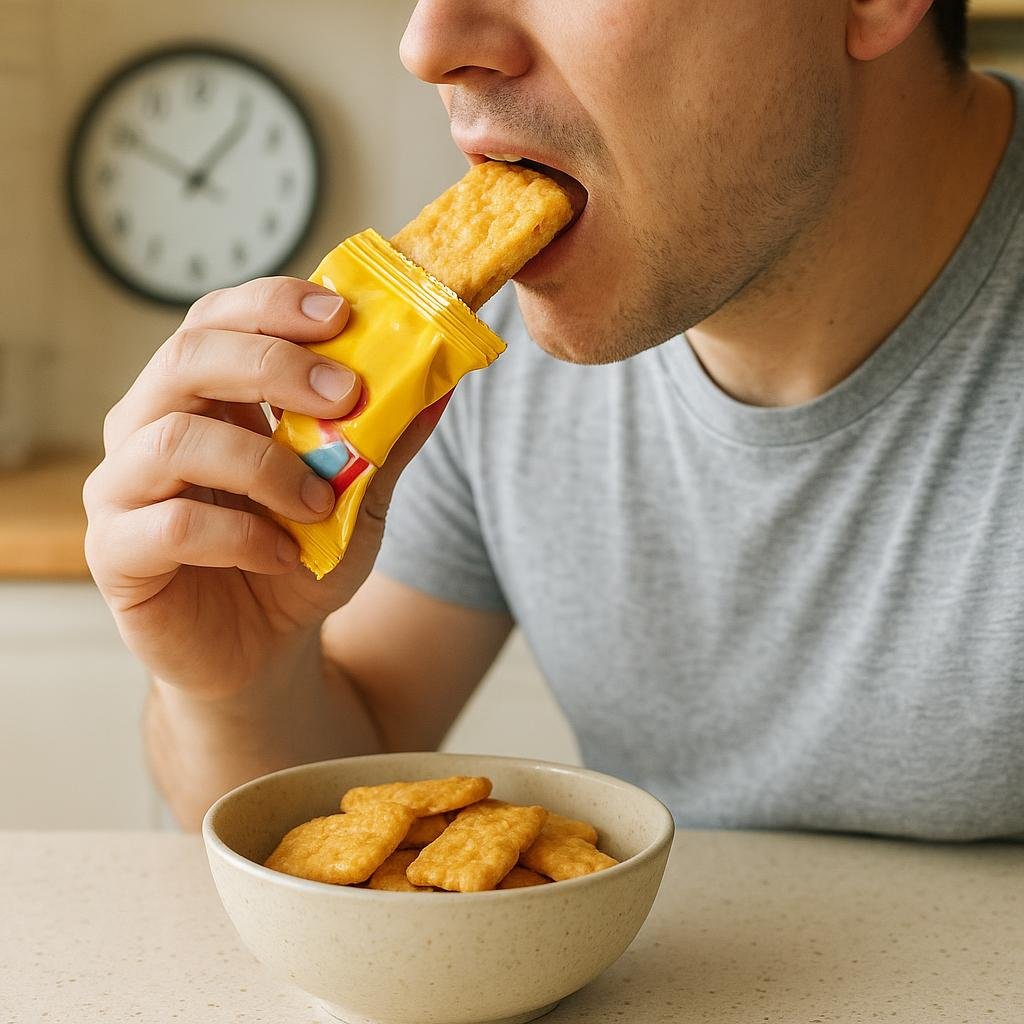 Ultra-processed food eaten quickly at a kitchen counter