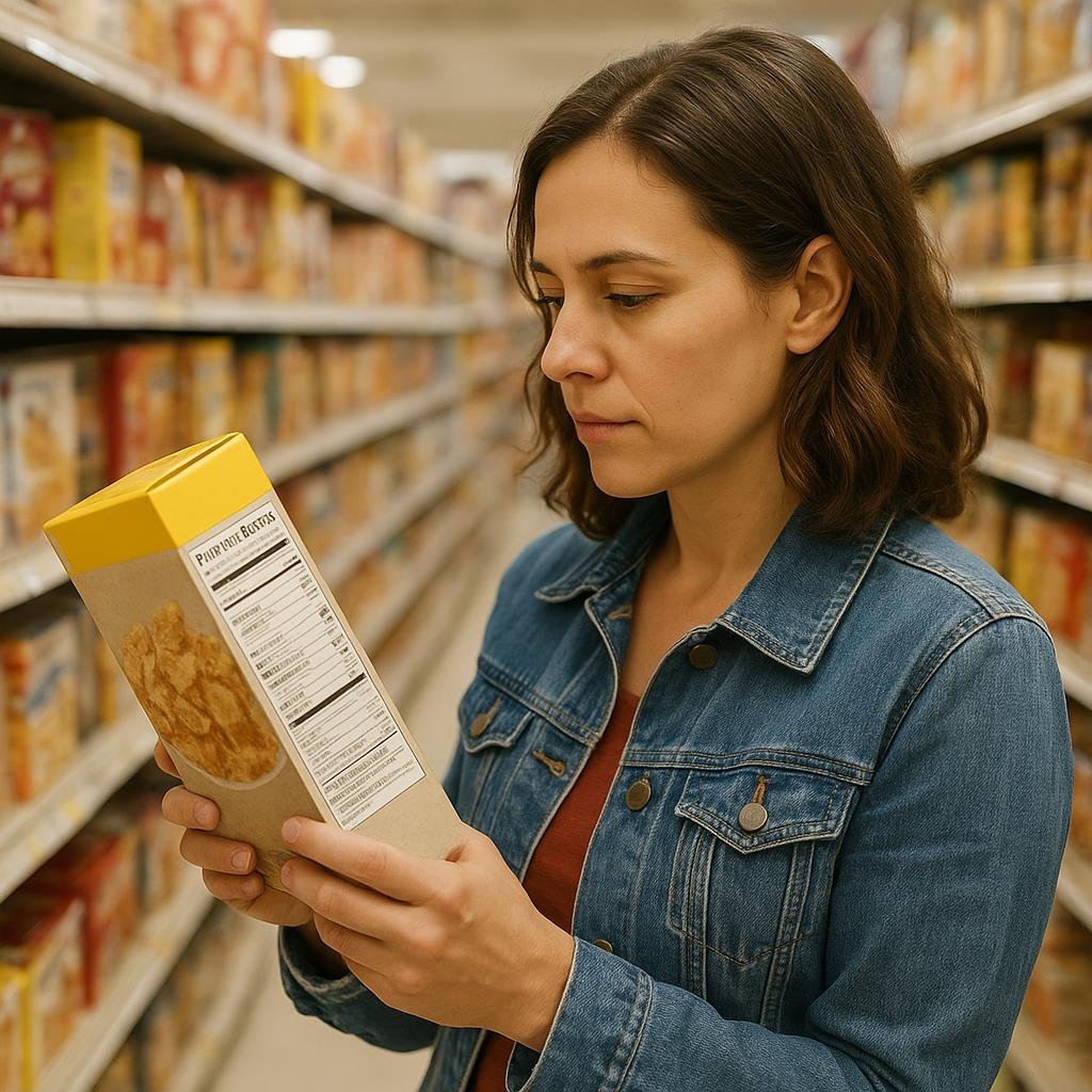 Reading a fiber-rich cereal label in the store