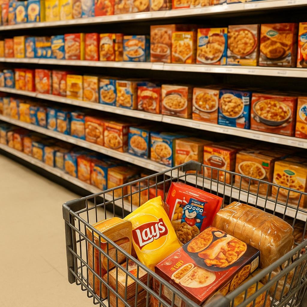 Grocery aisle full of ultra-processed foods