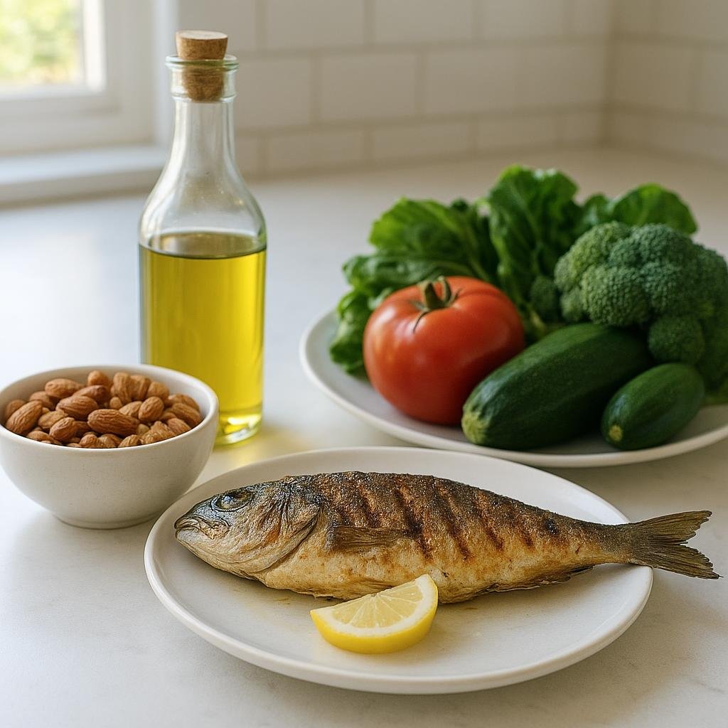 Olive oil, nuts, and fish for healthy fats Olive oil, nuts, and fish for healthy fats