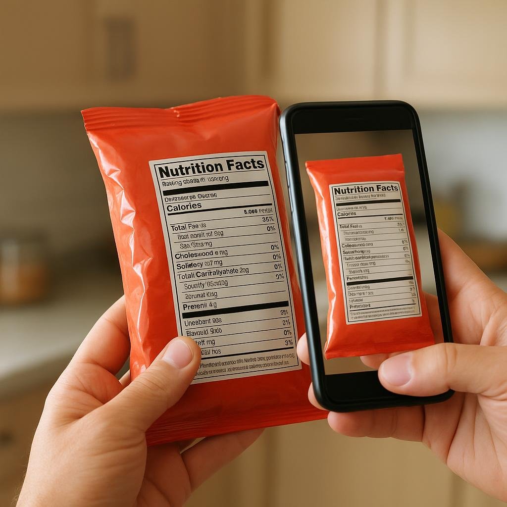 Phone scanning food label for ultra-processed food