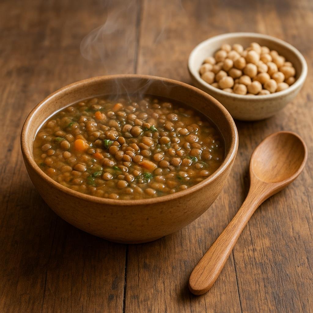 Lentil soup and chickpeas on a table