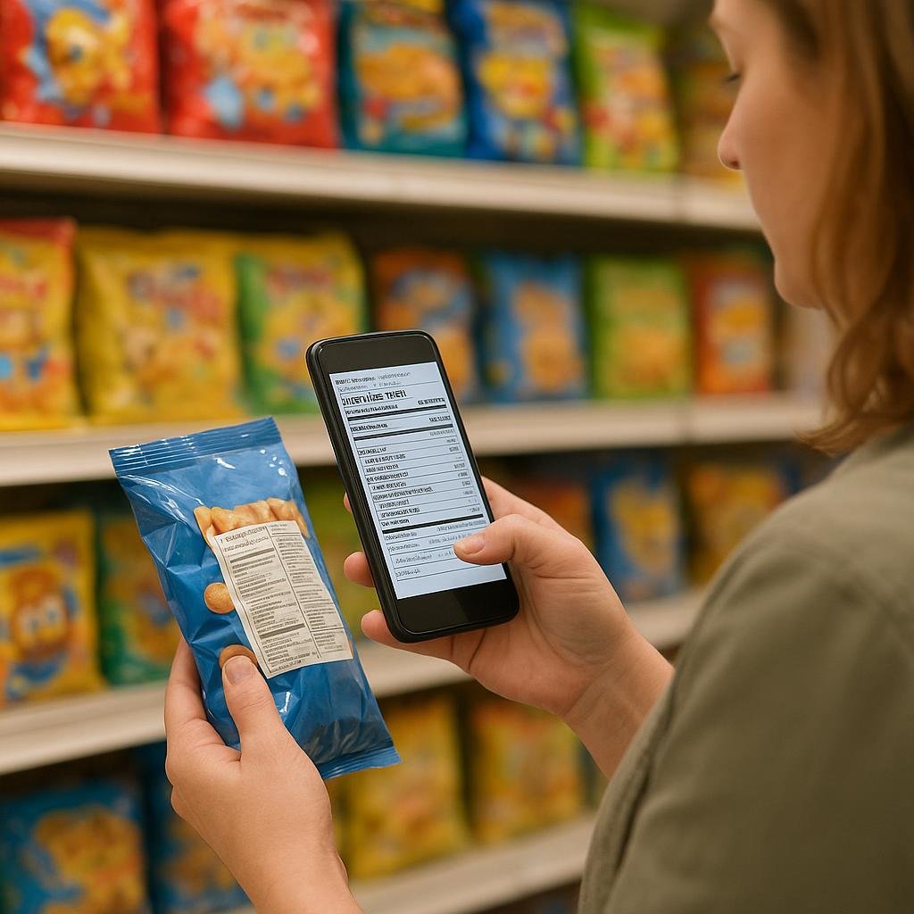 Parent scanning a nutrition label with InSpoon Parent scanning a nutrition label with InSpoon