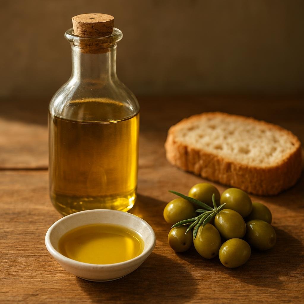 Extra virgin olive oil bottle on a wooden counter Extra virgin olive oil bottle on a wooden counter