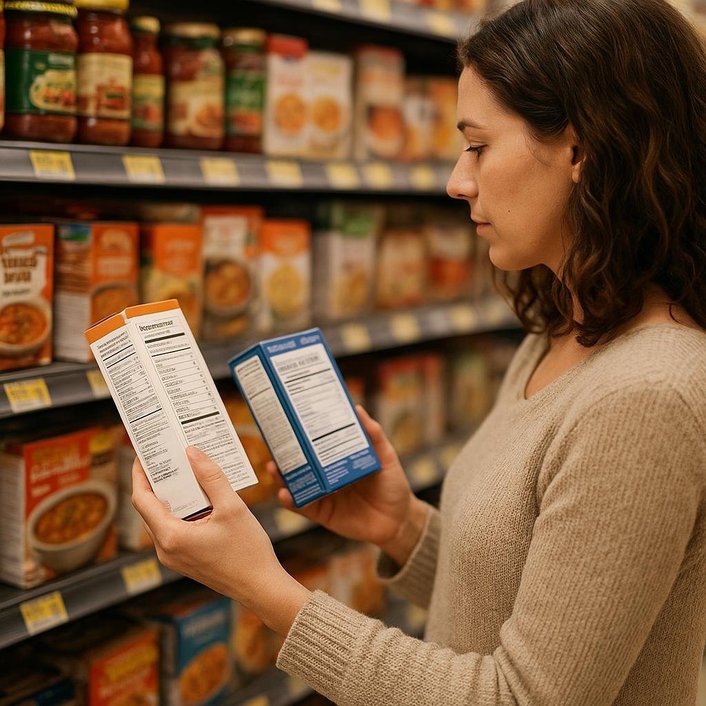 Shopper comparing sodium on packaged food labels Shopper comparing sodium on packaged food labels