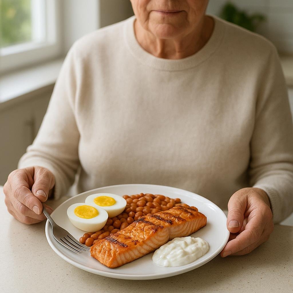 Protein-rich meal for older adults on a kitchen counter