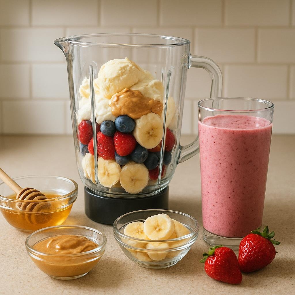 Smoothie with fruit, yogurt, and sweet add-ins