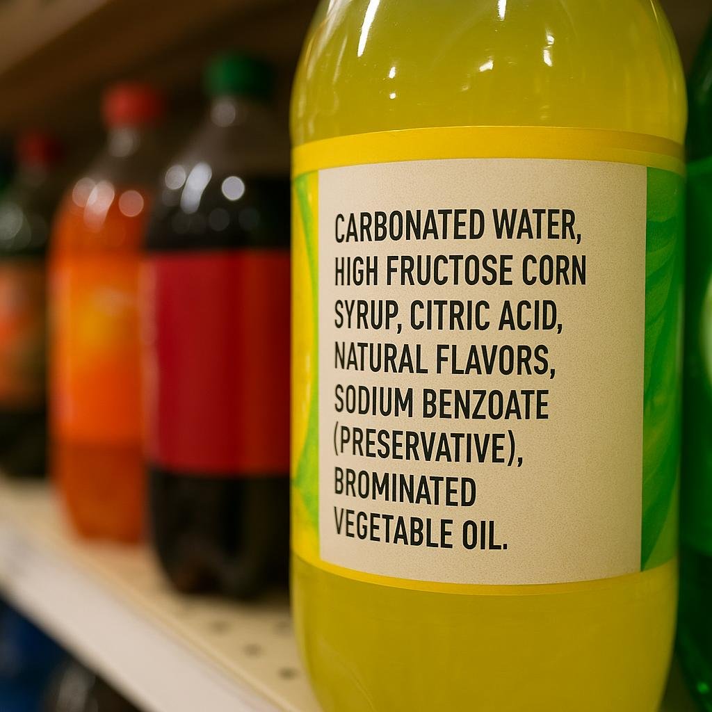 Soda bottle label listing brominated vegetable oil Soda bottle label listing brominated vegetable oil