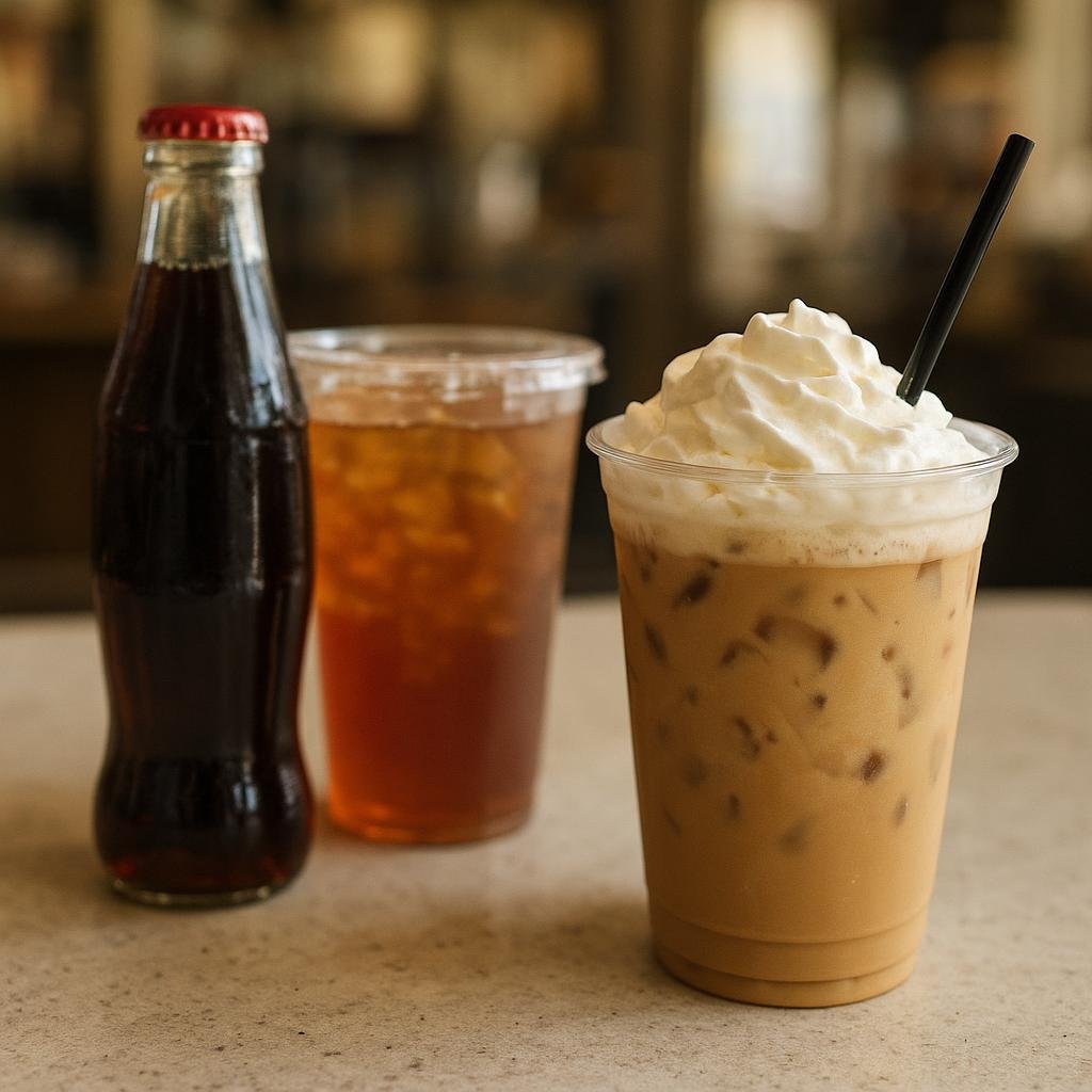 Sugary drinks lined up on a café counter