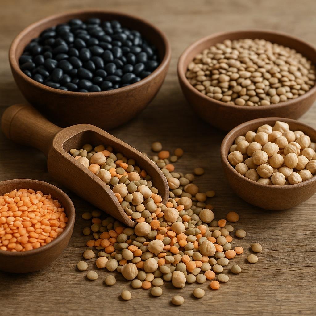 High-fiber beans and legumes on a table High-fiber beans and legumes on a table