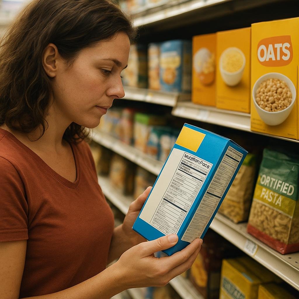 Reading a fortified food label in store