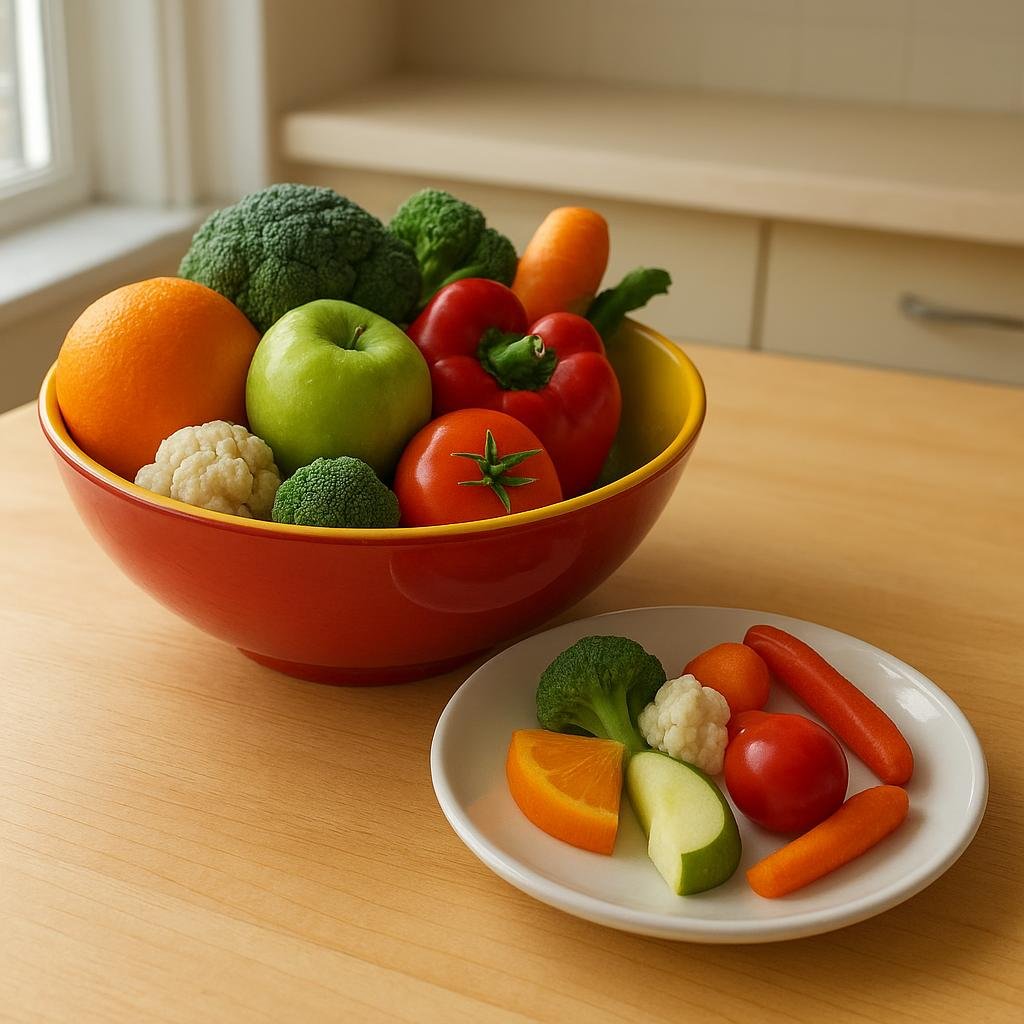 Five servings of fruits and vegetables on a kitchen table