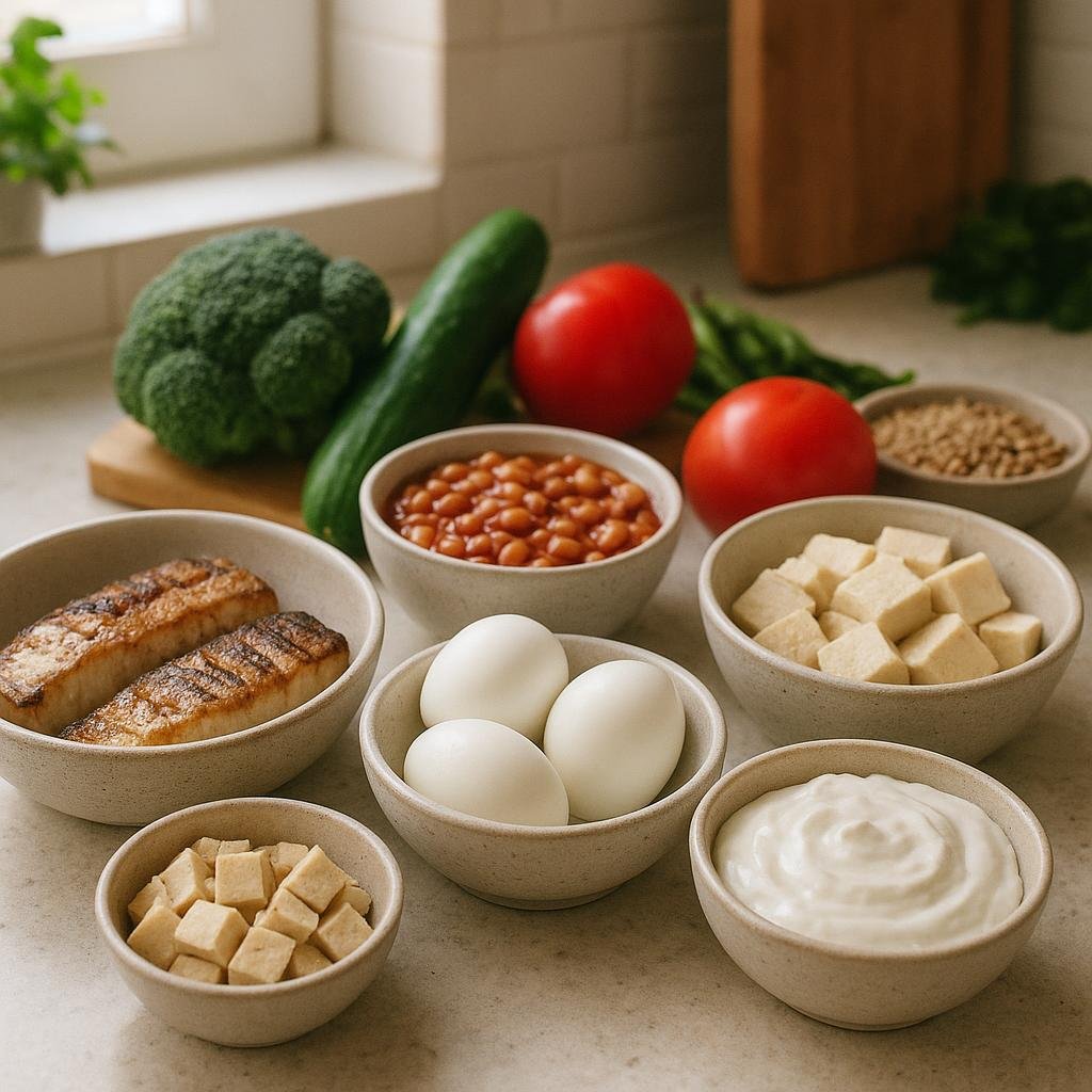 High-protein foods on a kitchen counter