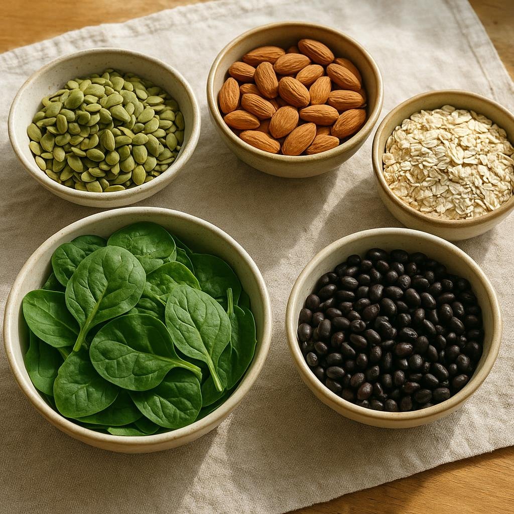 Foods high in magnesium on a kitchen table