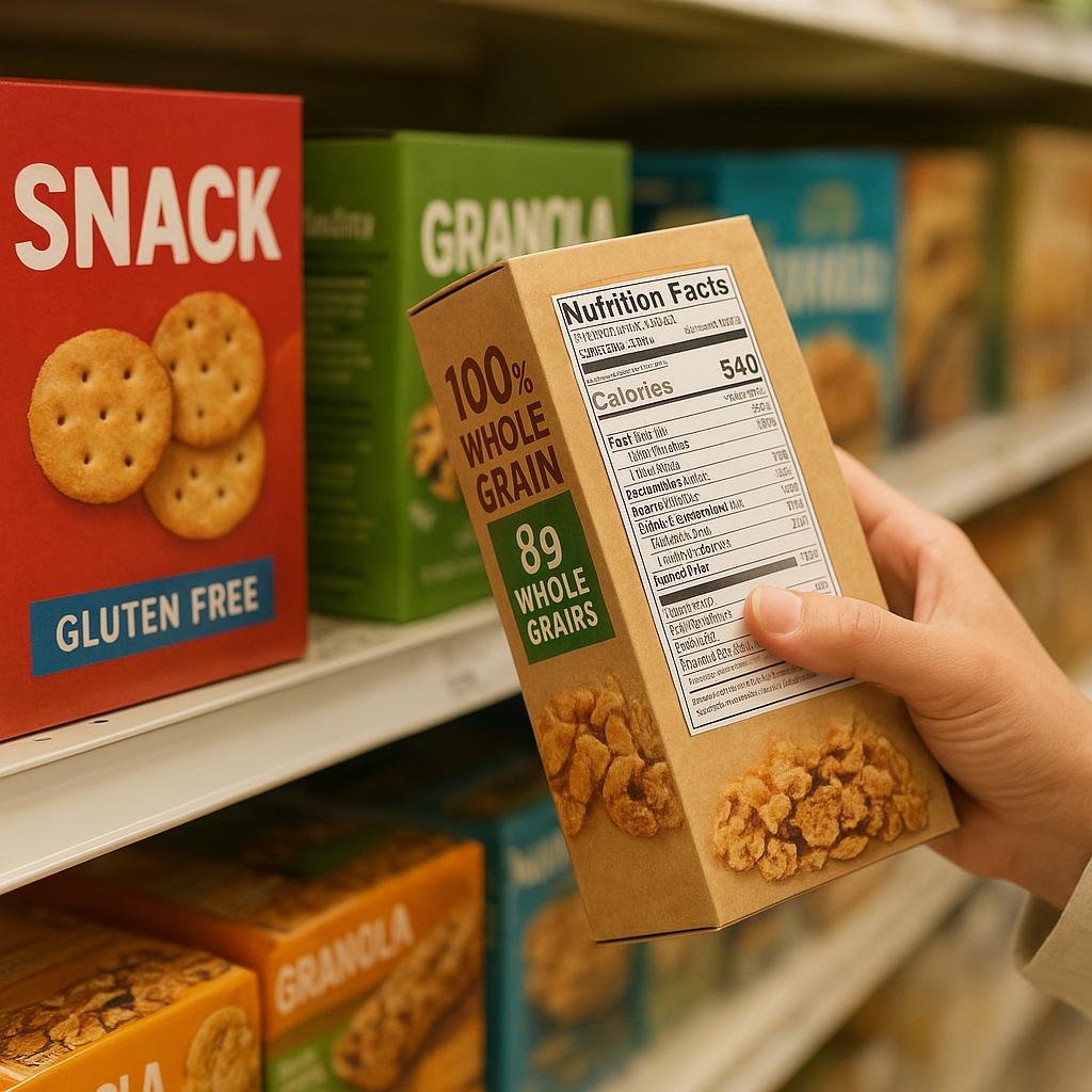 Grocery shopper reading a snack nutrition label