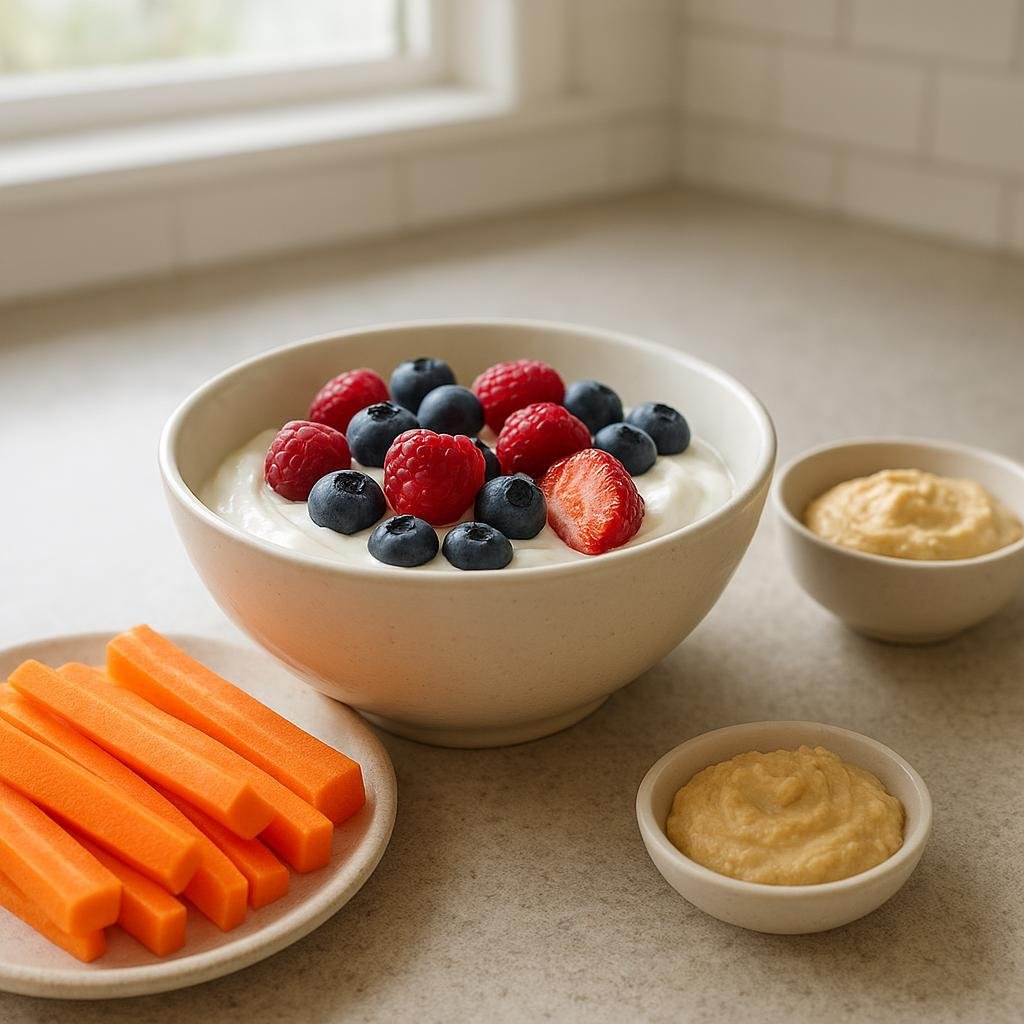 Healthy snack with yogurt, berries, and carrots